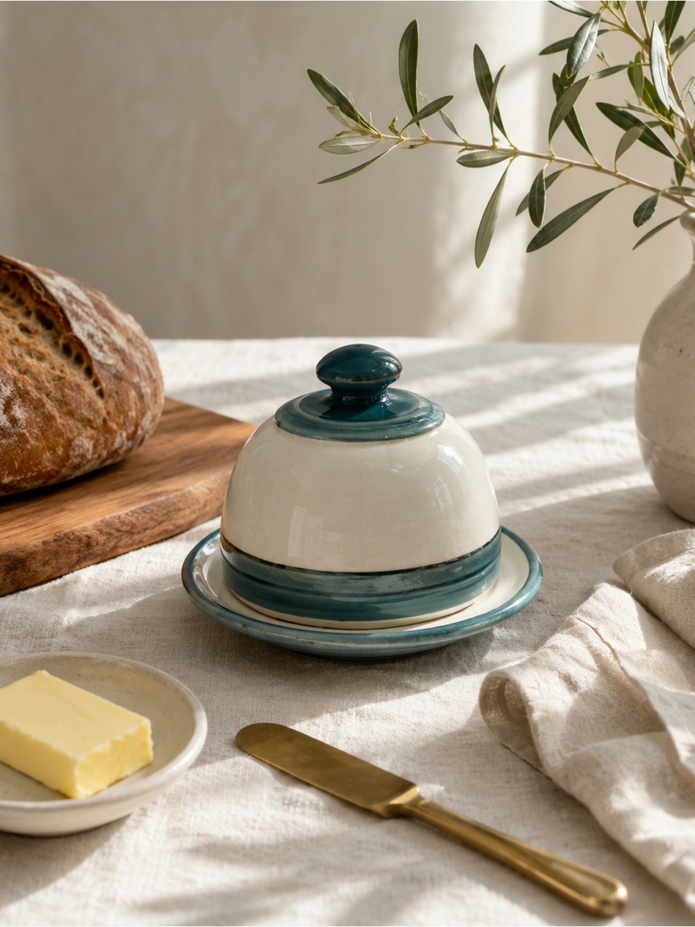 Studio Pottery Covered Butter Dish Blue Green Glaze